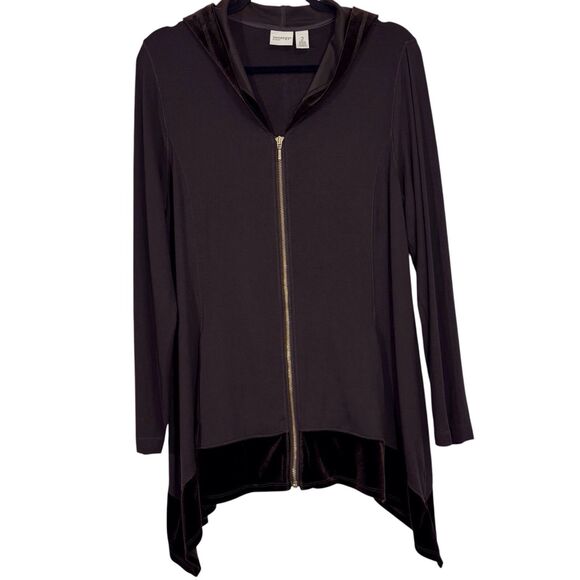 Chicos Zenergy Retreat Velvet Trim Jacket Hooded Espresso Brown Size 2 Large Zip - Picture 5 of 14